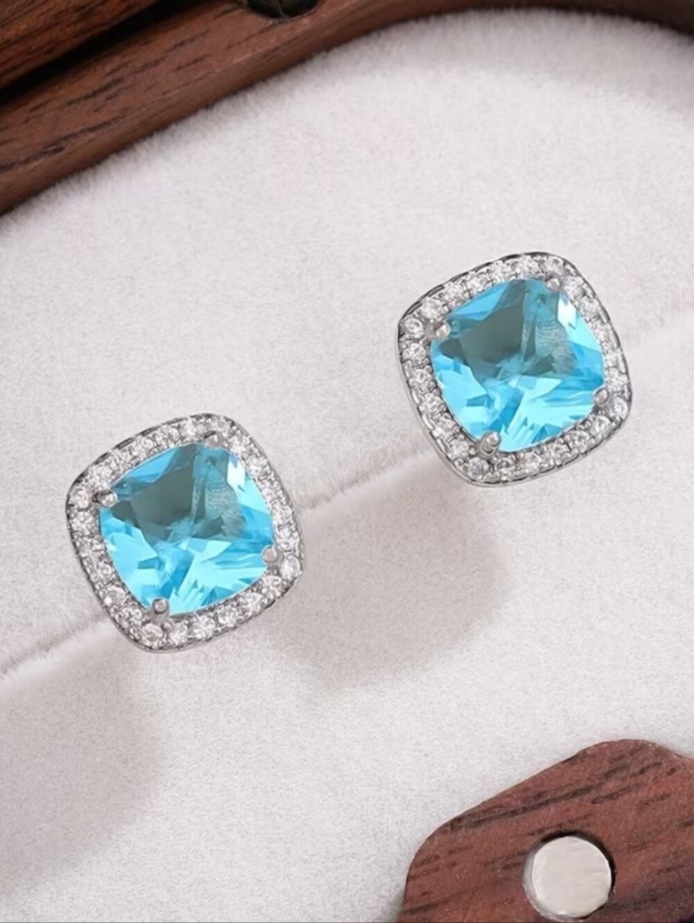 White Rhodium Aqua Blue Quartz Stud Earrings
